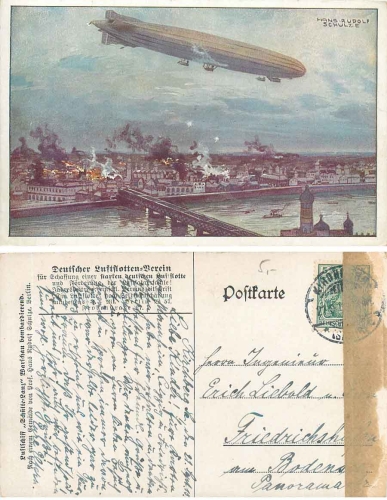 Luftschiff "Schütte-Lanz" Warschau bombardierend Künstlerkarte Hans Rudolf Schulze Deutscher Luftflotten-Verein o 27.9.1915