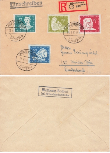 GDR Michel 256-259 Bach FDC on e-letter 689 Wunschendorf to Weida o June 14, 1950 very rare! GDR Michel 256-259 Bach FDC on e-letter 689 Wunschendorf to Weida o June 14, 1950 very rare!