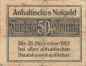 Preview: Dessau 50-Pfennig emergency money note, 1920