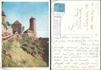 Fischbach via Radeberg Country postmark on AK Bautzen Muhltor o 9.8.1958
