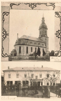 01594 Prausitz Hirschstein Kirche und Schule Echtfoto * um 1940
