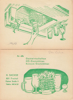 01705 Freital Vertreterklappkarte H. Sachse Glasspüler für Gastronomie um 1950