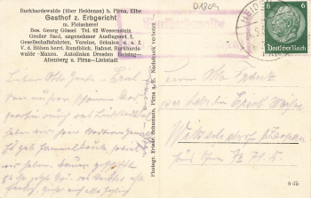 01809 Burkhardswalde Mueglitztal Gasthof Erbgericht Landpoststempel o 1937