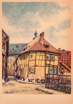 06484 Quedlinburg Ältestes Fachwerkhaus Künstlerkarte M. Schewe *um 1947