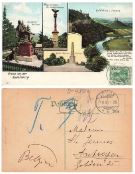 06628 Rudelsburg and Saaleck with tax stamp from Apolda on the back, August 27, 1908