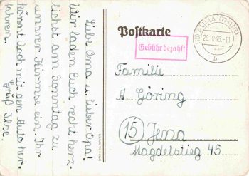 07819 Triptis Liedkarte Gebühr bezahlt Stempel o 1945