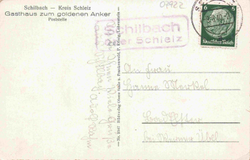 07922 Schilbach Tanna "Zum Goldenen Anker" Inn, rural postmark via Schleiz, 1940.