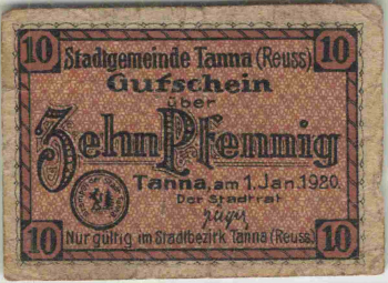 07922 Tanna, Thuringia: 10 Pfennig emergency money note, 1920