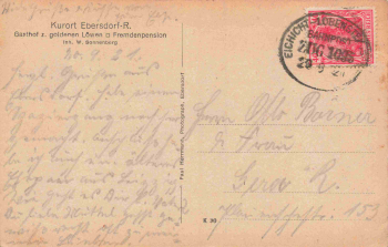 07929 Ebersdorf Thüringen Gasthof zum goldenen Löwen Bahnpost Eichicht-Lobenstein Zug 1095 o 1921