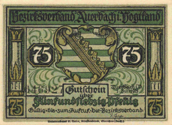 08209 Auerbach Notgeld 75 Pfennige 1921
