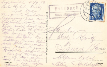 09648 Erlebach, Landpoststempel, Posthilfsstellenstempel, o 25.09.1953 auf AK
