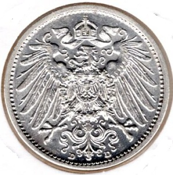 1 Mark 1910 D German Empire Silver Coin