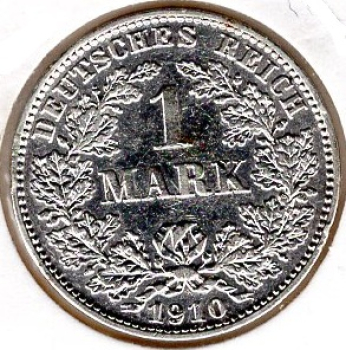 1 Mark 1910 E German Empire Silver Coin