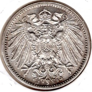 1 Mark 1914 J German Empire Silver Coin