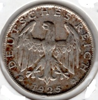 1 Mark 1925 A Weimar Republic Silver Coin