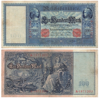 100 Mark Reichsbanknote 7. Februar 1908100 Mark Reichsbanknote 10. September 1909