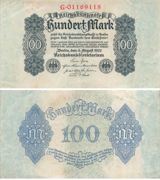 100 Mark Reichsbanknote 4. August 1922 RO72 DEU-83