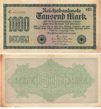 1000 Mark Reichsbanknote 15. September 1922 RO75f DEU-84f