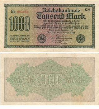 1000 Mark Reichsbanknote 15. September 1922 RO75j DEU-84j