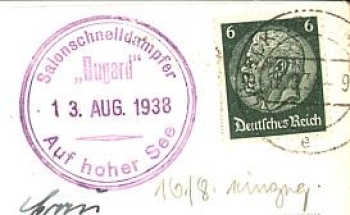 Salonschnelldampfer "Rugard" Bordstempel auf Kobenhavn AK, o 15.8.1938