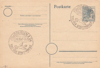 12 Pfennig postal stationery with special cancellation Stamp Day Dresden A24 October 26, 1947