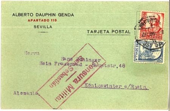 Censorship mail, stamp: Censura Militar San Sebastian o 3.3.1937