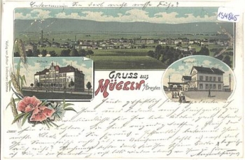 01665 Mugeln color lithograph with train station Bahnpost Dresden - Bodenbach train 538 o 13.8.1904
