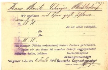 Chemnitz Sigmar, Vertreterkarte der Cognacbrennerei, o 6.7.1904