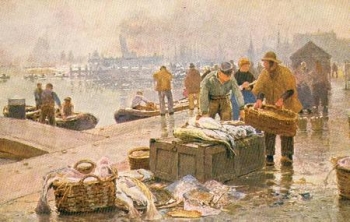 Senftenberger Kronen briquette advertising card Series XVIII Fish Market Amsterdam * ca. 1920