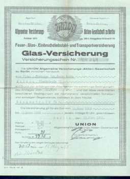 15745 Wildau Union Insurance Company Berlin Glass Insurance Certificate 1925