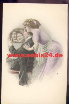 Couple in the mirror artist card M. M. Vienne No. 584 sig. F Kuderna M. Munk * approx. 1920