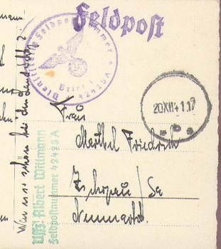 German field post 42425 A with silent stamp 20.12.1941 on Christmas card WW II