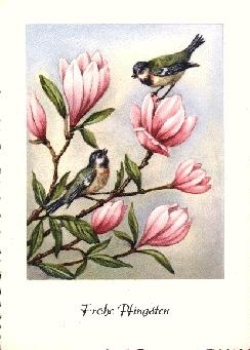 Chickadee Birds on Peonies * ca. 1950