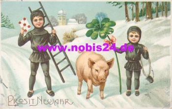 Chimney sweep with a pig embossed card, 01/01/1914