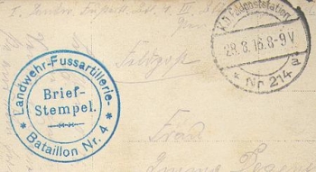 Landwehr Foot Artillery Battalion No. 4 field postmark on postcard o 28.8.1916