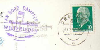 Elbe steamship "Weltfrieden" board stamp on postcard, o 31.7.1967