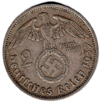 2 Reichsmark 1937 F Hindenburg Deutsches Reich Silbermünze 