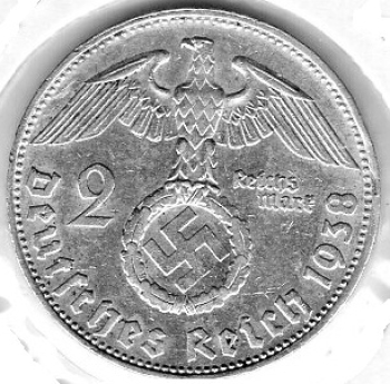 2 Reichsmark 1938 E Hindenburg Silver Coin German Empire