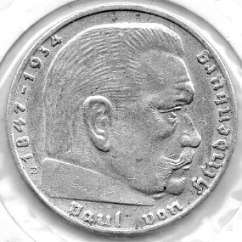 2 Reichsmark 1938 E Hindenburg Silver Coin German Empire