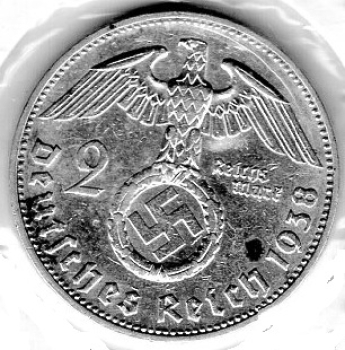 Jager 0366 2 Reichsmark 1938 F Hindenburg Silver Coin German Empire