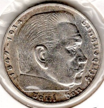 Jager 0366 2 Reichsmark 1938 F Hindenburg Silver Coin German Empire