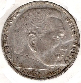 Jager 0366 2 Reichsmark 1938 G Hindenburg Silver Coin German Empire