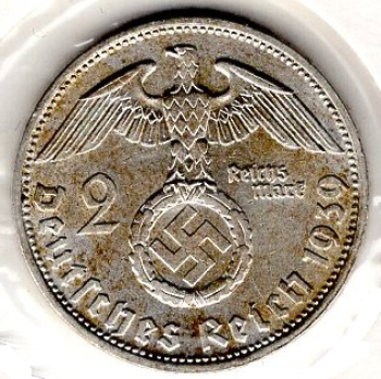 Jager 0366 2 Reichsmark 1939 D Hindenburg Silver Coin German Empire