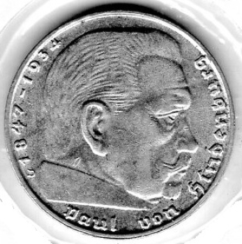 Jager 0366 2 Reichsmark 1939 D Hindenburg Silver Coin German Empire