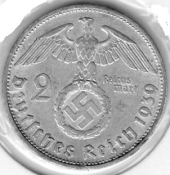 Jager 0366 2 Reichsmark 1939 F Hindenburg Silver Coin German Empire