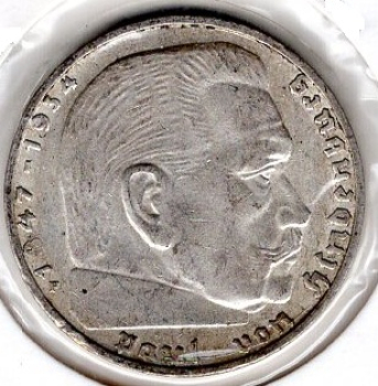 Jager 0366 2 Reichsmark 1939 F Hindenburg Silver Coin German Empire