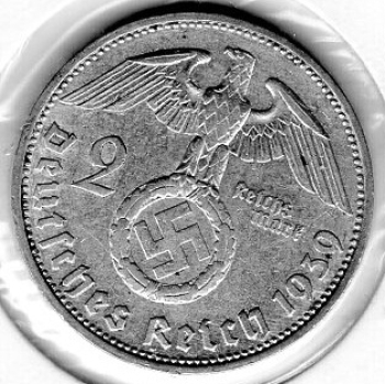 Jager 0366 2 Reichsmark 1939 G Hindenburg Silver Coin German Empire