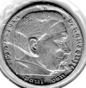 Jager 0366 2 Reichsmark 1939 G Hindenburg Silver Coin German Empire