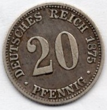 20 Pfennig 1875 B Imperial Silver Coin