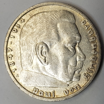 Jäger 0360 - 5 Reichsmark 1935 A Hindenburg silver coin